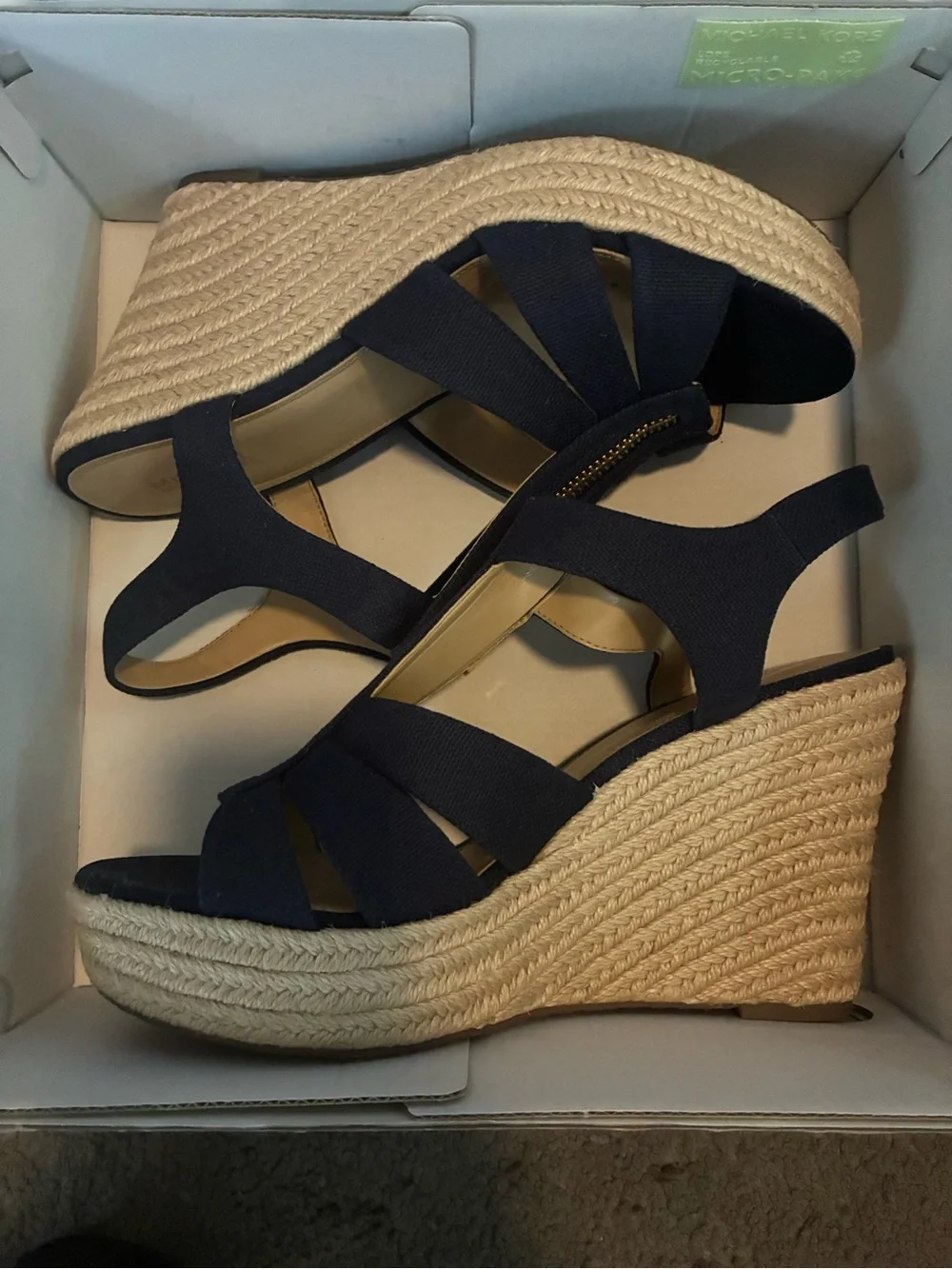 Michael Kors Navy Wedge Sandals with Gold Front Zip